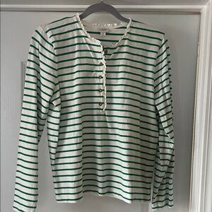 J. Crew White and Green Striped Henley Top